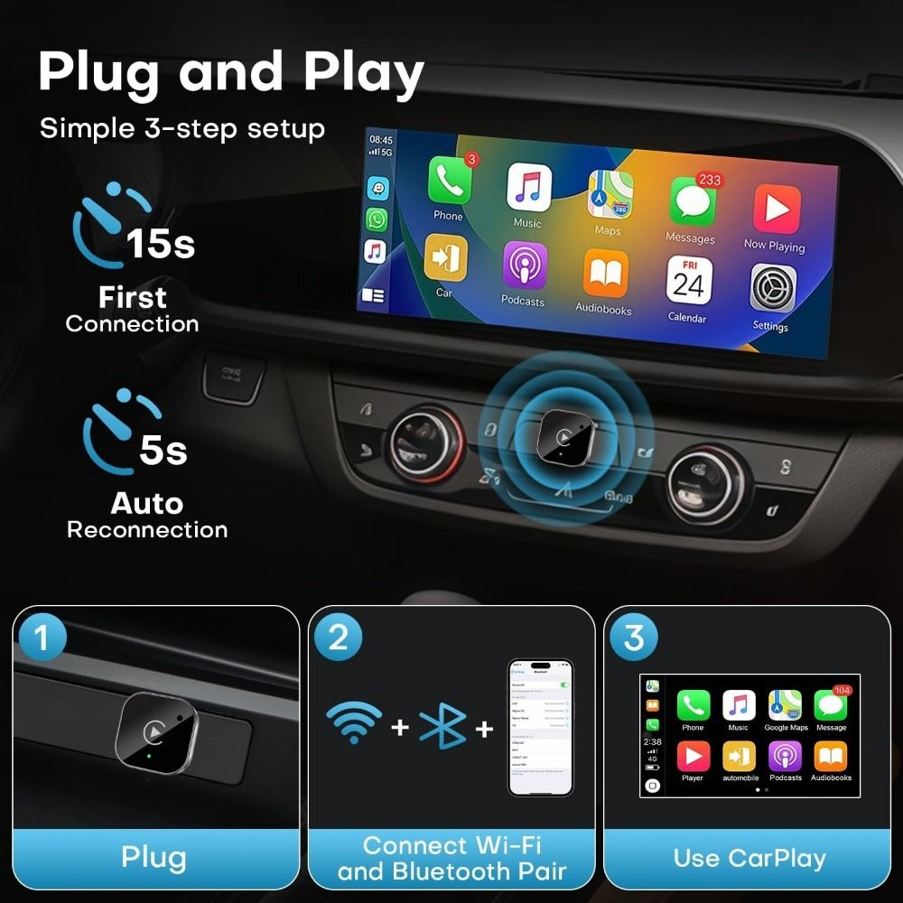Three-step setup for the HYPER IT wireless CarPlay adapter