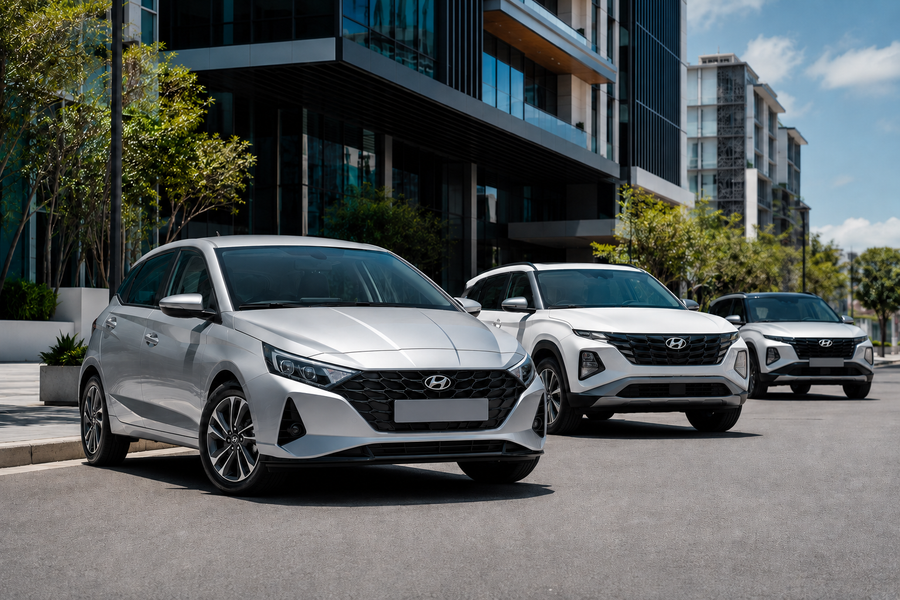 Hyundai i20, Tucson and Creta vehicles in a South African city