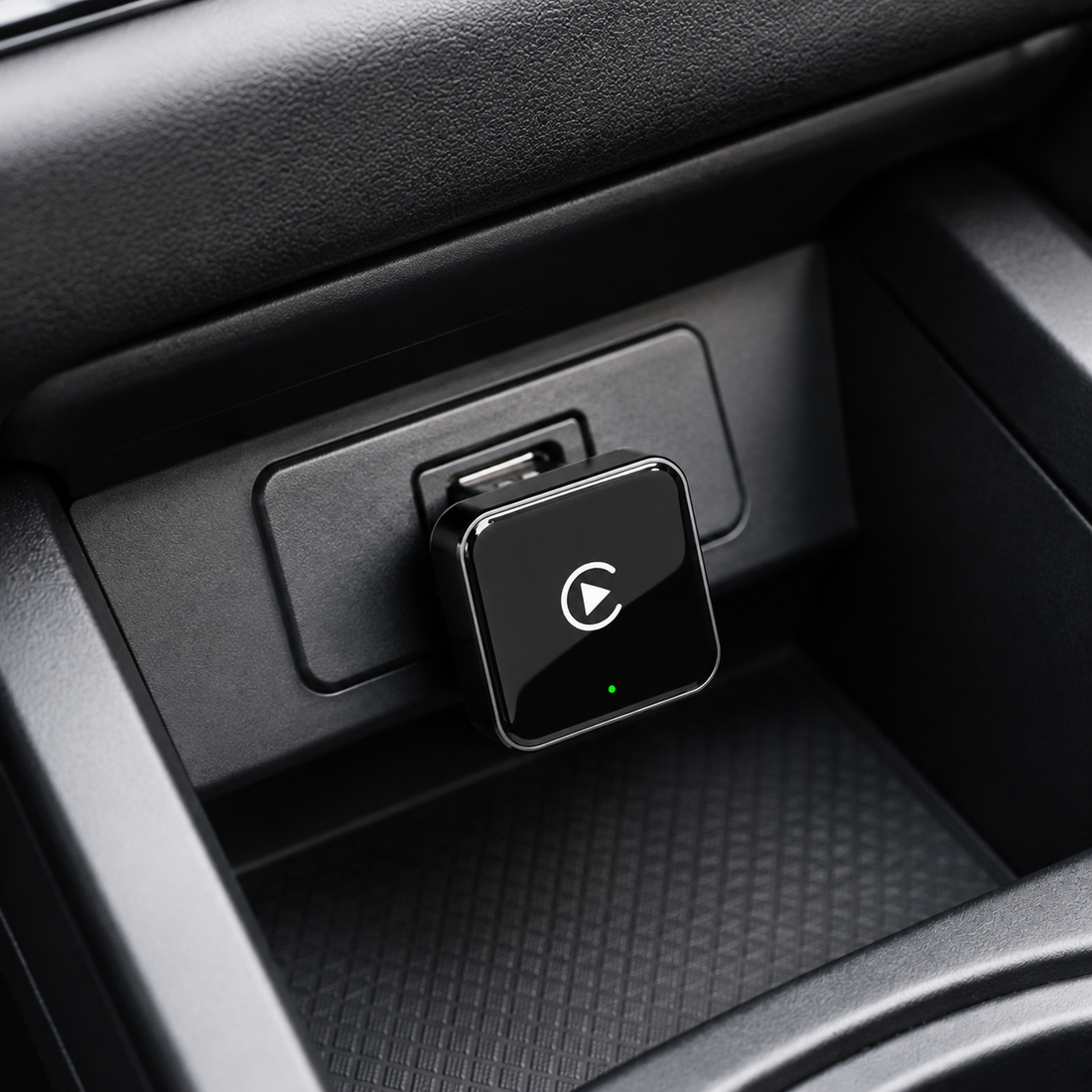 Mini wireless CarPlay adapter installed in a vehicle USB port