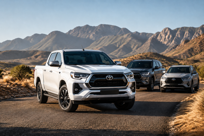 Toyota Hilux, Fortuner and Corolla Cross vehicles on a South African road