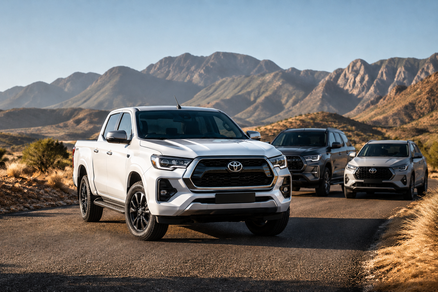 Toyota Hilux, Fortuner and Corolla Cross vehicles on a South African road