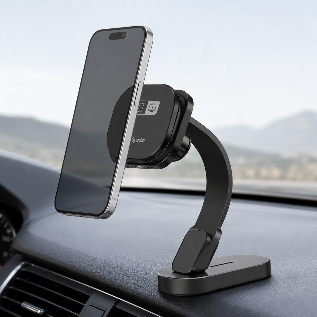 MagSafe dashboard wireless charger holding a phone in a vehicle