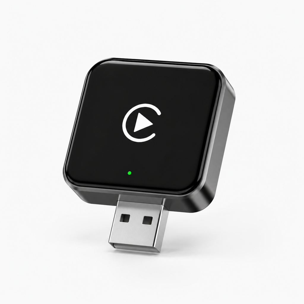 Mini wireless CarPlay and Android Auto USB-A adapter on a clean white background