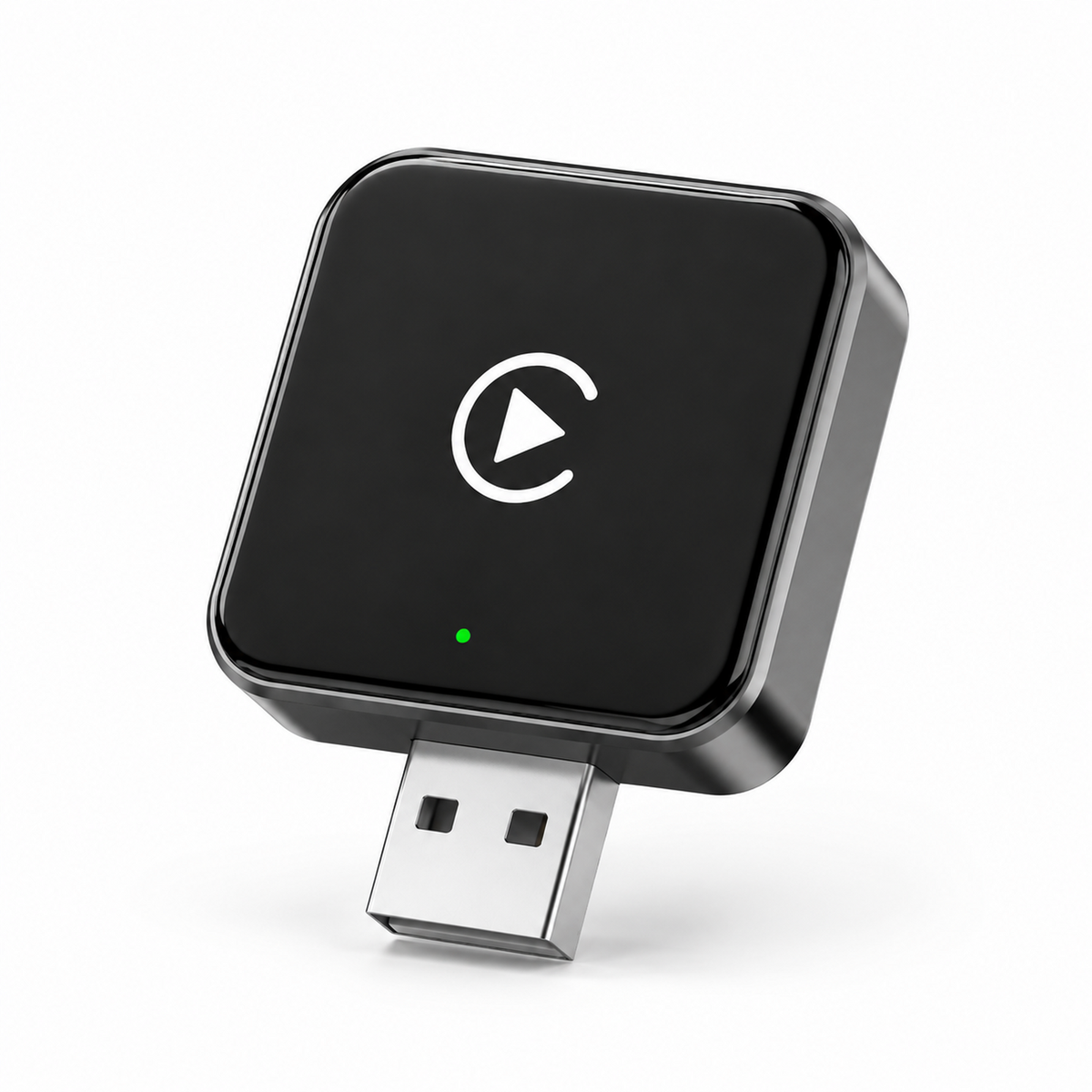 Mini wireless CarPlay and Android Auto USB adapter on a white background