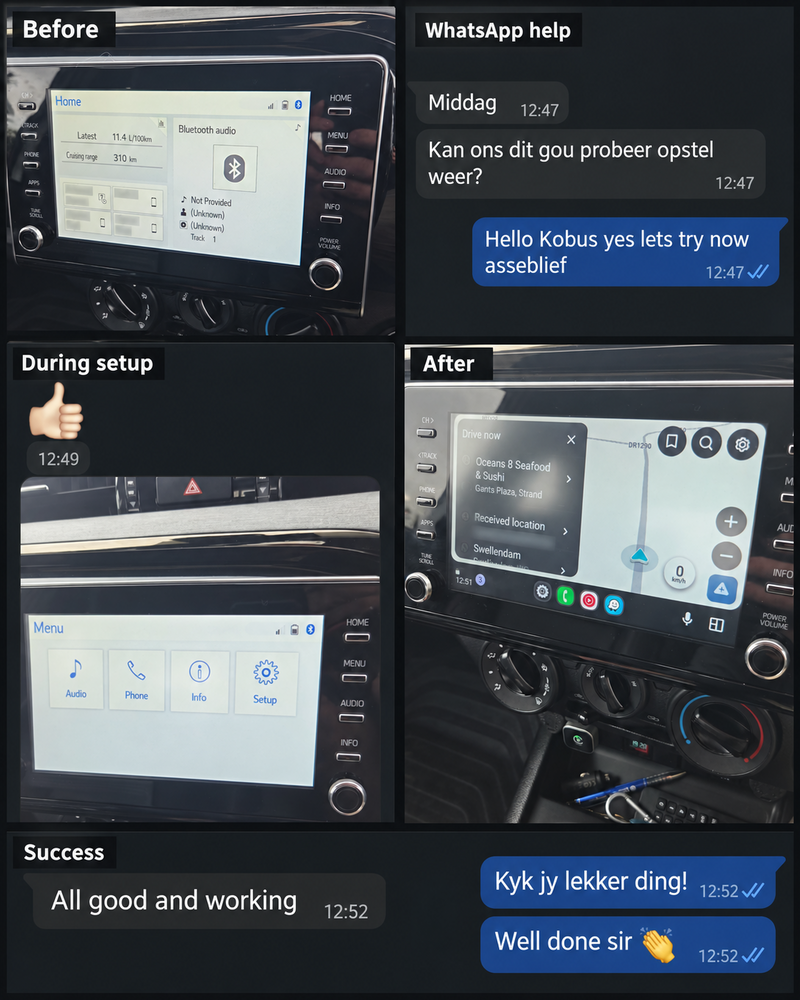 Customer setup before and after HYPER IT WhatsApp assistance, with a message confirming all good and working.